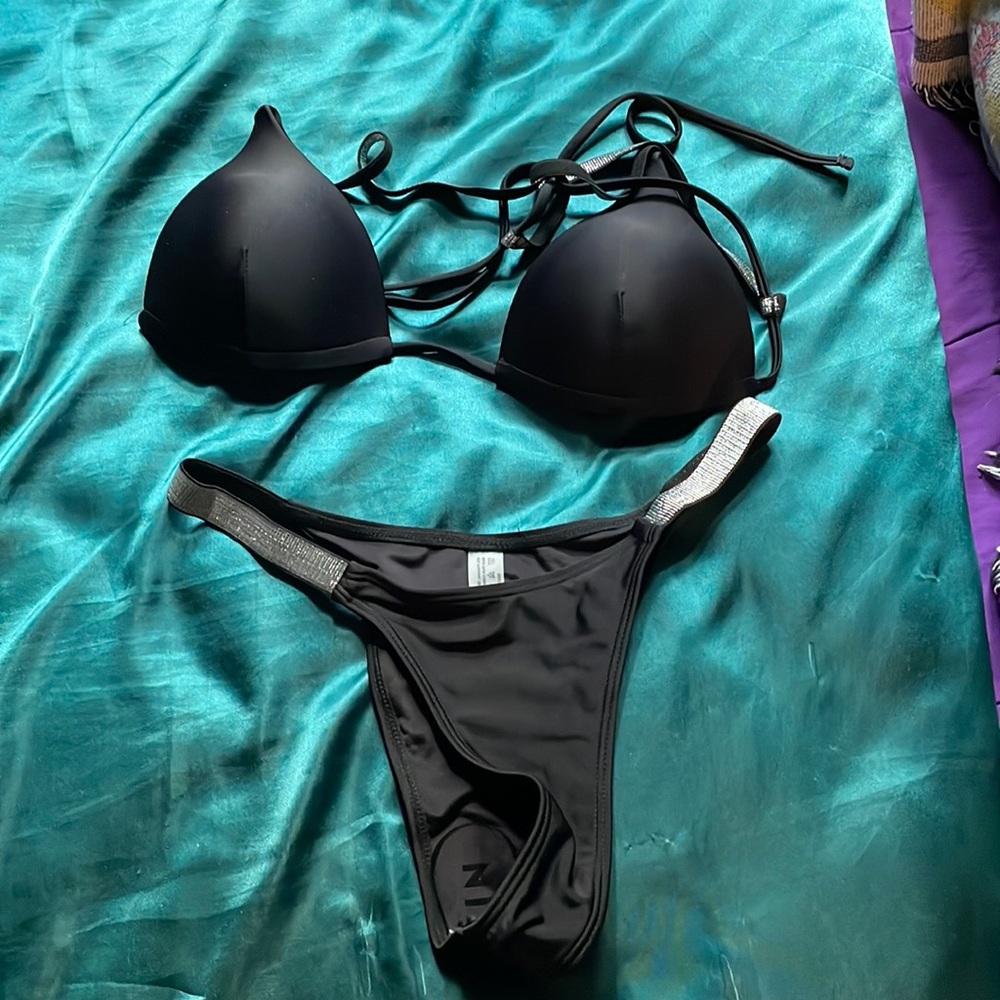 Never worn black bakini with silver detail
